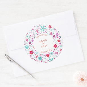 Flower Meadow Watercolor Teal Save the Date Classic Round Sticker