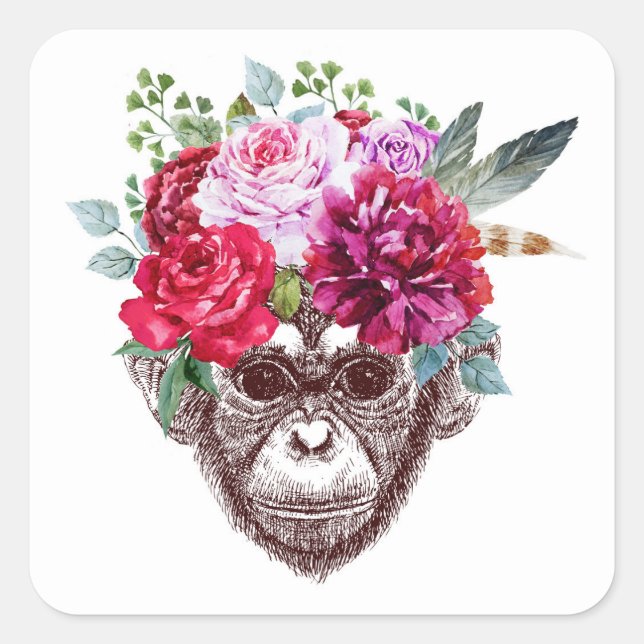 Flower Monkey Face Square Sticker (Front)