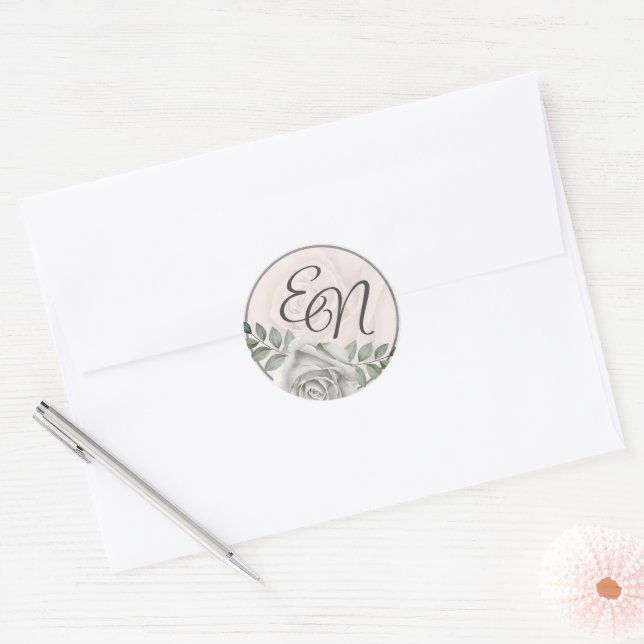 Flower Monogram Dusty White Roses Wedding Sticker (Envelope)