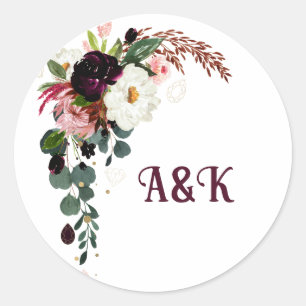 Flower MONOGRAMM boho burgundy bouquet Classic Round Sticker