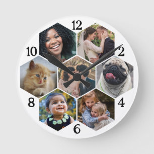 Flower Mosaic 7 Photo Collage Easy Custom Template Round Clock