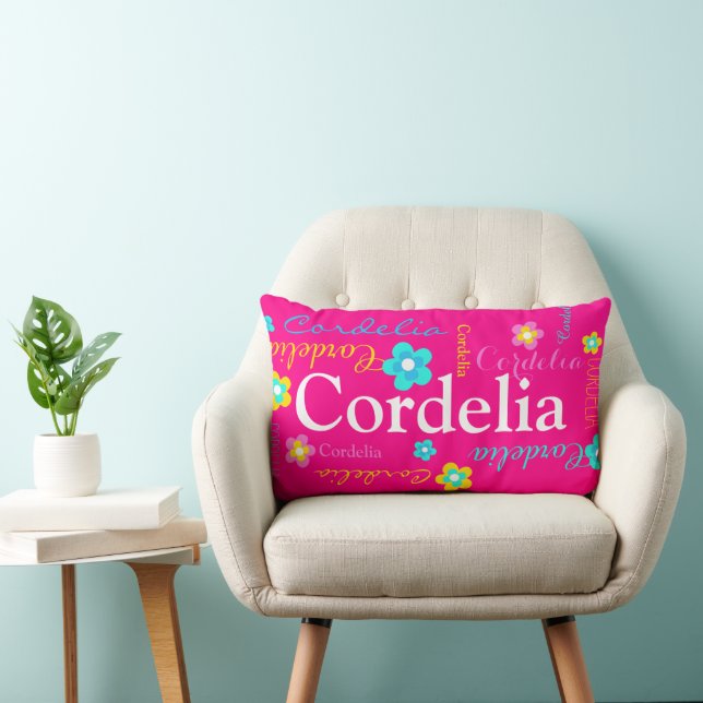Flower name pattern pink aqua Cordelia  Lumbar Cushion (Chair)