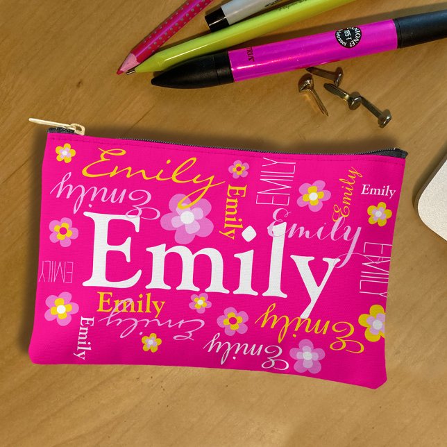 Flower name pattern pink yellow custom pencil or accessory pouch (Creator Uploaded)
