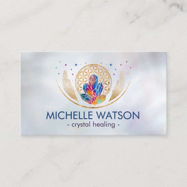 Flower of life and crystals on pearl  business card (Front)
