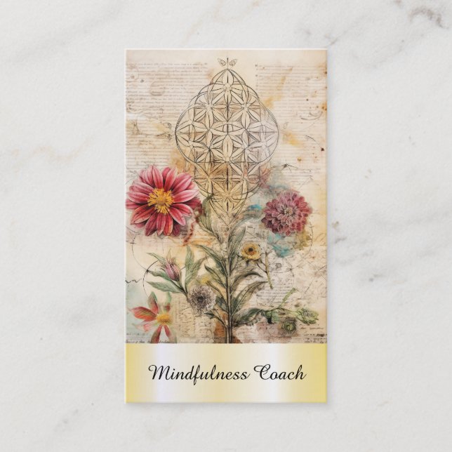 *~* Flower of Life  AP92 QR Reiki Gold Sacred Business Card (Front)