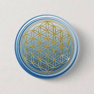 Flower Of Life / Blume des Lebens - GOLD blue 6 Cm Round Badge