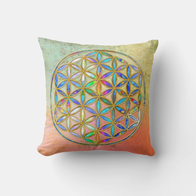 Flower of Life / Blume des Lebens - gold colourful Cushion (Front)