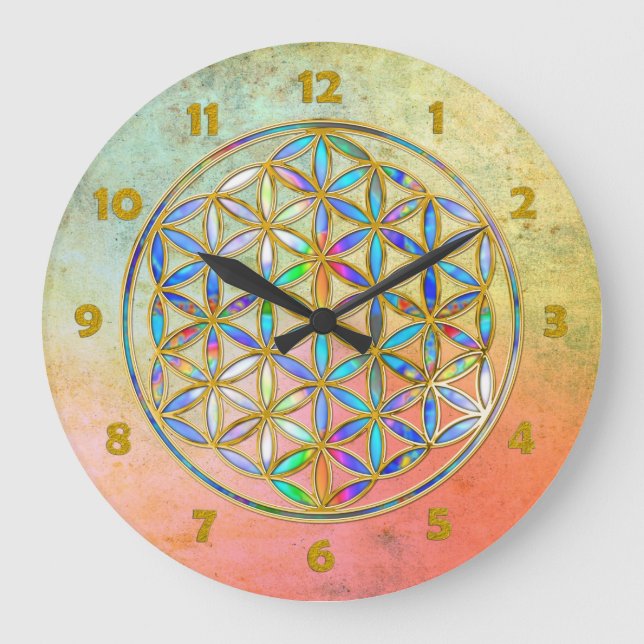 Flower of Life / Blume des Lebens - gold colourful Large Clock (Front)
