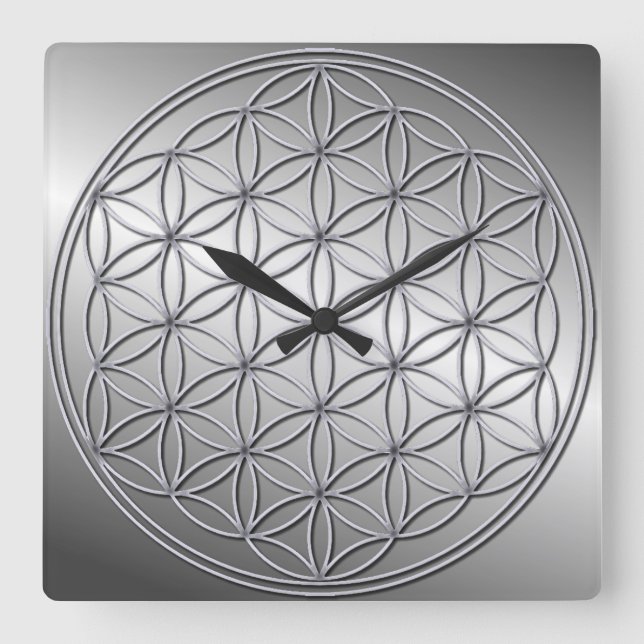 Flower of Life Blume des Lebens Metallic Silver Square Wall Clock (Front)
