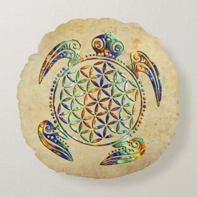 Flower of Life / Blume des Lebens - turtle coloure Round Cushion (Front)