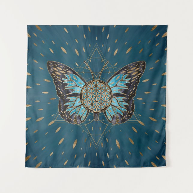 Flower of Life Butterfly - Blue Gemstone and gold Tapestry (Front)