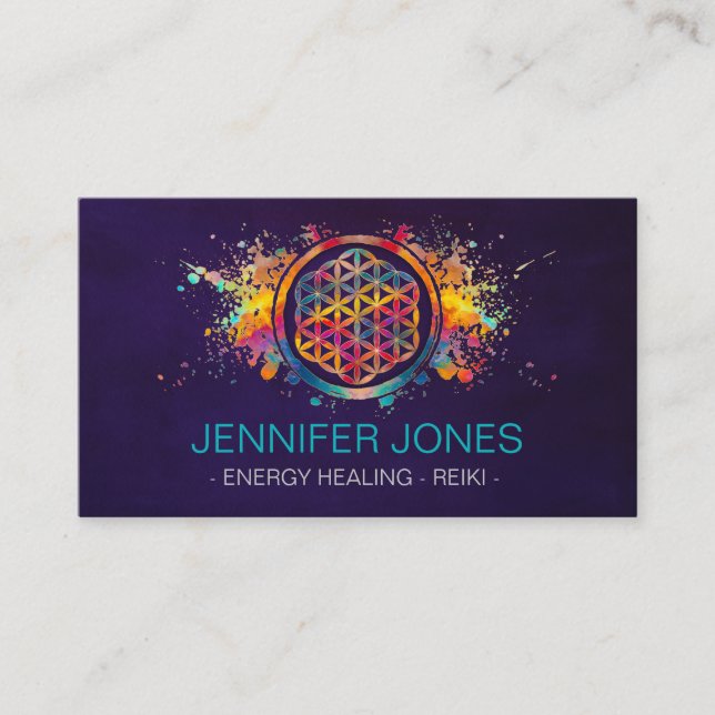 Flower of life - colourful splatter business card (Front)