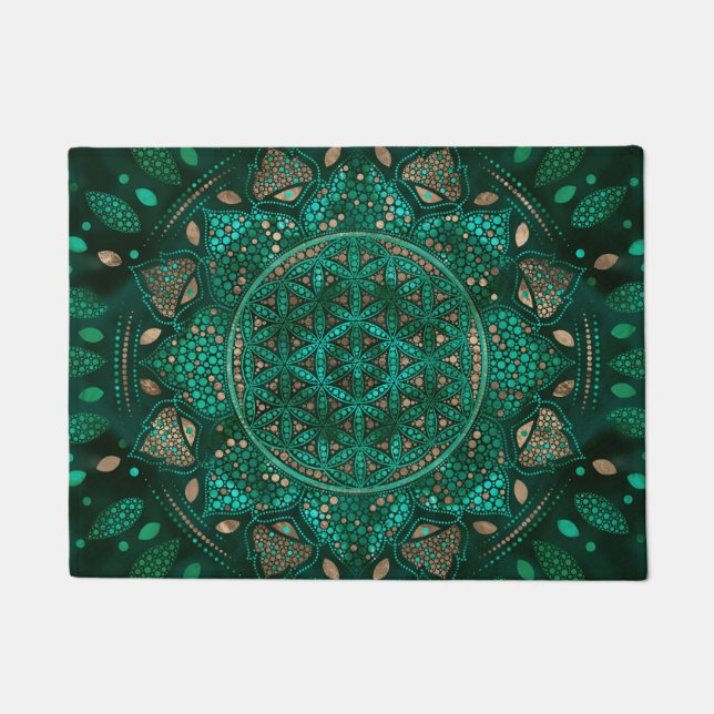 Flower of Life Dot Art malachite gold Doormat (Front)