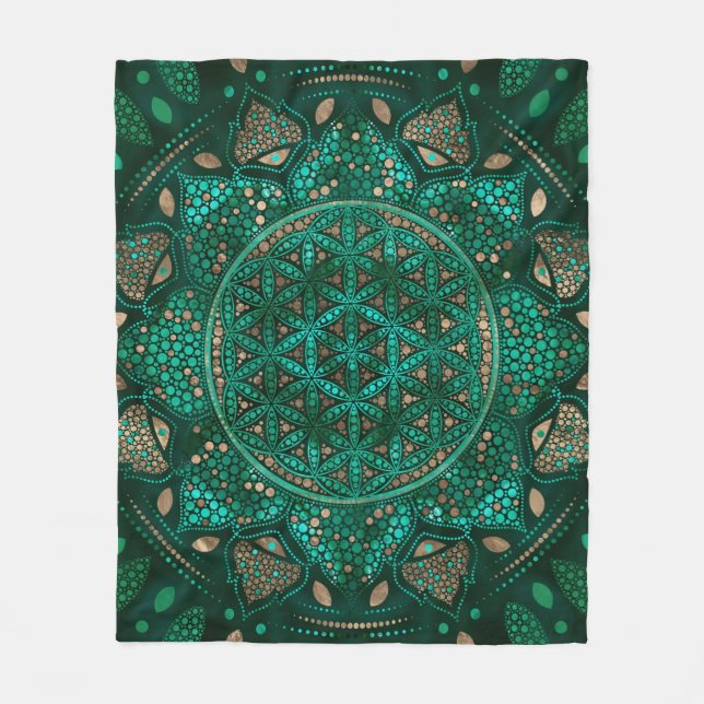Flower of Life Dot Art malachite gold Fleece Blanket (Front)