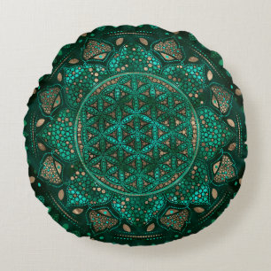 Flower of Life Dot Art malachite gold Round Cushion