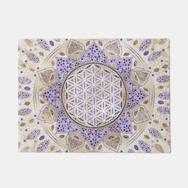 Flower of Life Dot Art Pastels, purples and gold Doormat (Front)