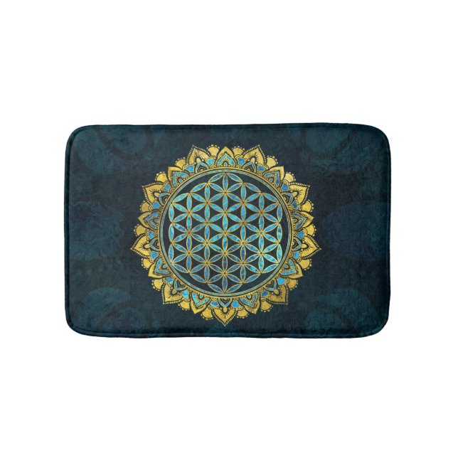 Flower of life gold an blue texture  glass bath mat (Front)