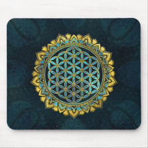 Flower of life gold an blue texture glass mouse pad
