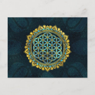 Flower of life gold an blue texture  glass postcard