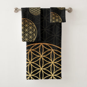 Flower of life gold & black bath towel set