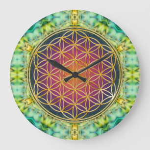 Flower Of Life - gold - fractal 2 Large Clock