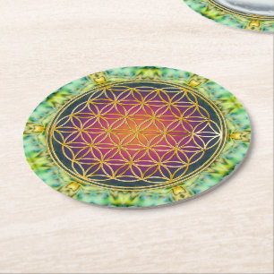 Flower Of Life - gold - fractal 2 Round Paper Coaster