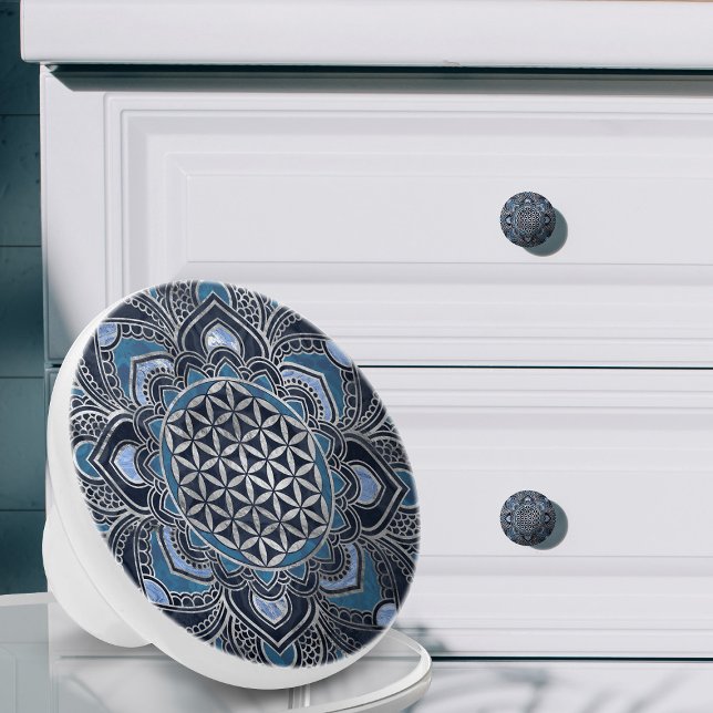 Flower of Life in Lotus - Blue Crystal and Silver Ceramic Knob (Creator Uploaded)