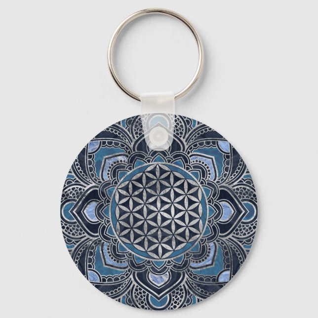 Flower of Life in Lotus - Blue Crystal and Silver Key Ring (Front)