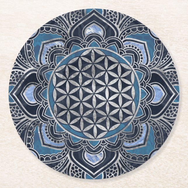 Flower of Life in Lotus - Blue Crystal and Silver Round Paper Coaster (Front)