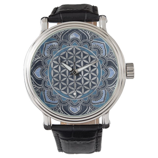 Flower of Life in Lotus - Blue Crystal and Silver Watch (Front)