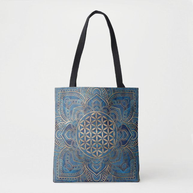 Flower of Life in Lotus - Blue Marble and Gold Tote Bag (Front)