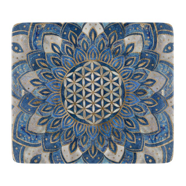 Flower of Life in Lotus - Blue Marble and Pearl Cutting Board (Front)