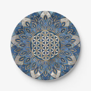 Flower of Life in Lotus - Blue Marble and Pearl Paper Plate