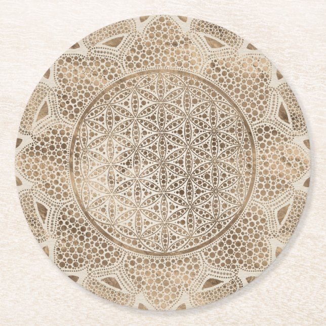 Flower of Life in Lotus Dot Art pastel golds Round Paper Coaster (Front)