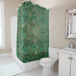 Flower of Life in Lotus - Malachite and gold Shower Curtain