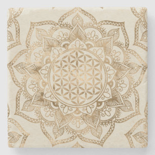 Flower of Life in Lotus - pastel golds and canvas Stone Coaster