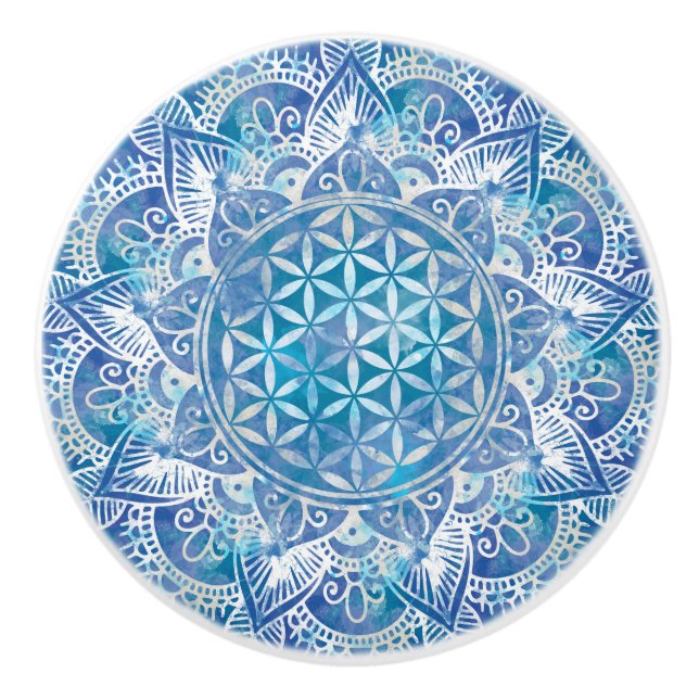 Flower of Life in Lotus - Watercolor Blue Ceramic Knob (Front)
