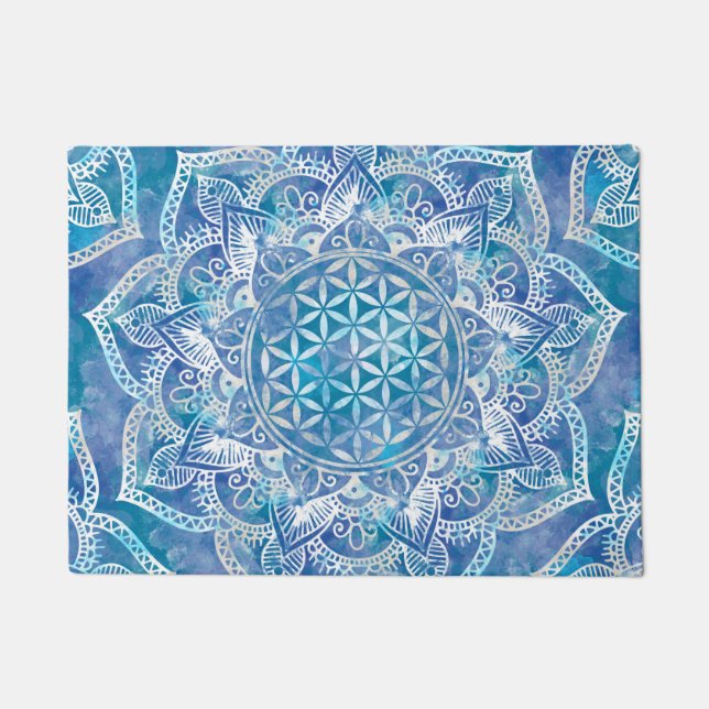 Flower of Life in Lotus - Watercolor Blue Doormat (Front)