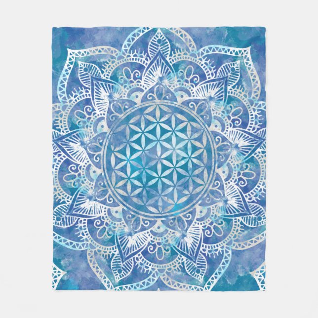 Flower of Life in Lotus - Watercolor Blue Fleece Blanket (Front)