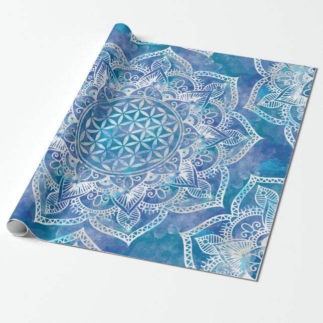 Flower of Life in Lotus - Watercolor Blue Wrapping Paper (Unrolled)