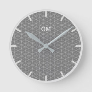 Flower of Life in Silver Dust and Grey Round Clock