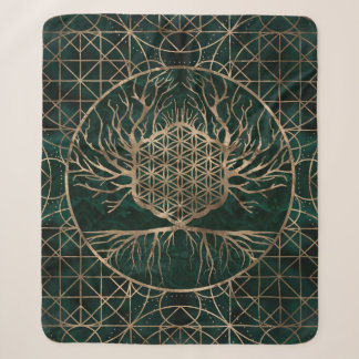 Flower of Life in Tree of life Malachite and Gold Sherpa Blanket