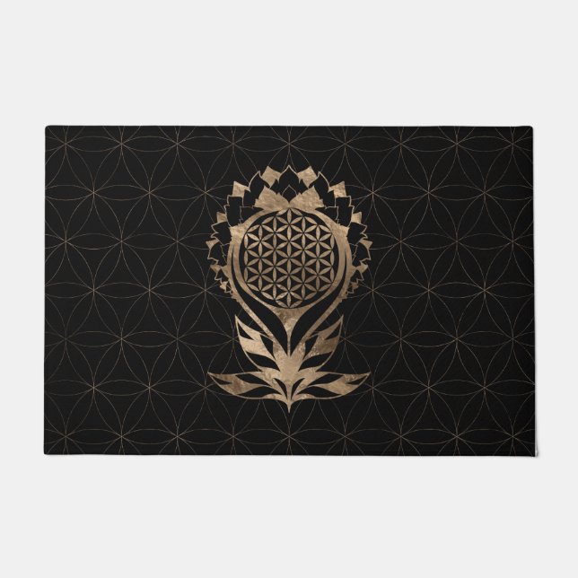 Flower of Life Lotus - Black and Gold Doormat (Front)