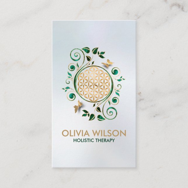 Flower of Life  - Malachite Swirl and Butterflies Business Card (Front)