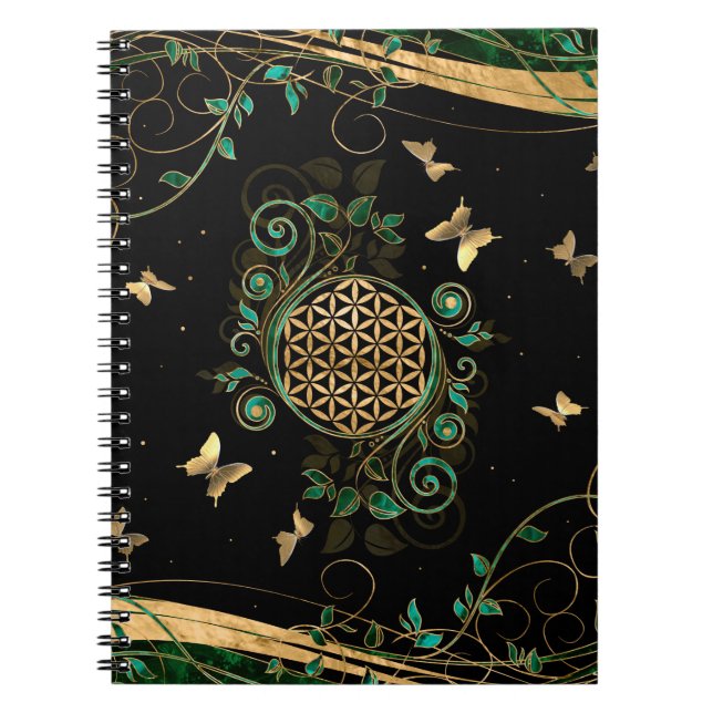 Flower of Life  - Malachite Swirl and Butterflies Notebook (Front)