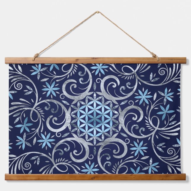Flower of life Mandala - Silver Blue Hanging Tapestry (Front)