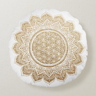 Flower of life Mandala white gold glitter Round Cushion