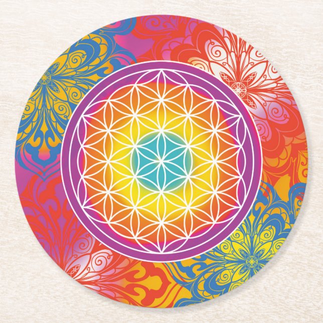 Flower of life mandala zen round paper coaster (Front)