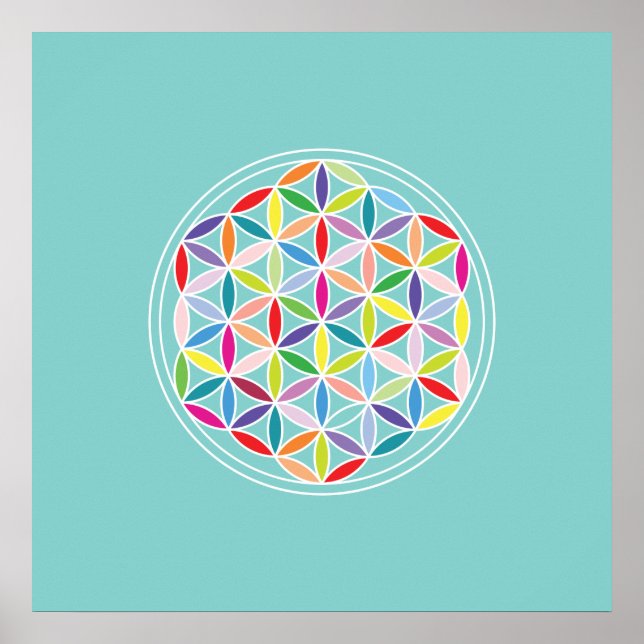 Flower of Life – Multicoloured on Blue Poster (Front)