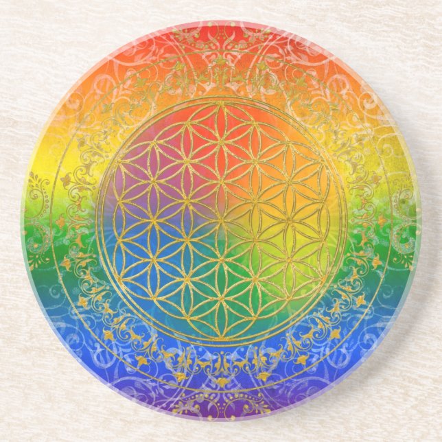 Flower of Life - Ornament Rainbow gold Coaster (Front)